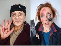 two people with face paint on their faces, one holding scissors and the other looking at camera