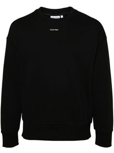 black cotton-modal blend jersey texture ribbed crew neck logo print to the front drop shoulder long sleeves ribbed cuffs and hem French terry lining Modern Black Sweatshirt With Ribbed Cuffs, Classic Calvin Klein Crew Neck Top, Black Logo Print Sweatshirt For Loungewear, Modern Long Sleeve Sweatshirt With Logo Print, Modern Long Sleeve Sweatshirt With Logo, Modern Sweatshirt With Ribbed Cuffs For Loungewear, Modern Sweater With Ribbed Cuffs For Streetwear, Calvin Klein Long Sleeve Logo Print Tops, Calvin Klein Long Sleeve Tops With Logo Print