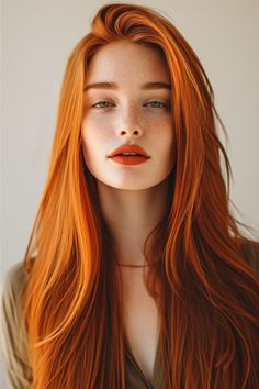 This rich, fiery orange shade paired with a smooth, straight layered cut is all about confidence and turning heads. It's a striking choice for the daring woman who's ready to make a statement. Click here to see more stunning layered haircuts for long hair. Red Hair Long Layers Hairstyles, Long Hair Portrait, Long Layered Haircuts Red Hair, Orange Hair Girl, Layered Red Hair Long, Red Straight Hair, Red Hair Long, Red Head Girl, Long Natural Red Hair With Layers