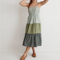 Madewell Sophia Cami Tiered Midi Dress In Colorbock / Size 12 / Pale Celadon. This Tiered Dress In Blues And Greens Is A Midi Length With Adjustable Tank Straps. The Back Of The Dress Is Open With A Tie Detail. This Is New With Tags (Nwt) And In Perfect Condition! Cami Midi Dress, One Shoulder Midi Dress, Midi Slip Dress, Strapless Midi Dress, V Neck Midi Dress, Tiered Midi Dress, Madewell Dresses, Ribbed Dresses, Colorblock Dress