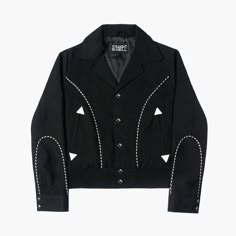 Free U.S. shipping and returns. View SHIPPING TIMES. Black gabardine jacket with western details, black and white twist piping, and diamond snap closure. Unisex sizing. 15 YEAR ANNIVERSARY: The Morricone is part of our limited 15 Year Anniversary series.  Sizing questions? Click the sizing tab below.;  Slim fit.;  Removable STH engraved metal church key hangs from inside pocket.;  Leather pocket detail.;  Front, back, and wrist piping detail.;  Diamond snap front and cuff closure.;  Functional s Western Jacket Mens, Western Style Long Sleeve Workwear Outerwear, Western Style Workwear Outerwear, Western Style Long Sleeve Outerwear For Work, Fitted Western Outerwear With Snap Buttons, Western Style Fitted Outerwear With Snap Buttons, Classic Fitted Streetwear Blazer, Fitted Western Blazer For Workwear, Classic Fitted Blazer For Streetwear