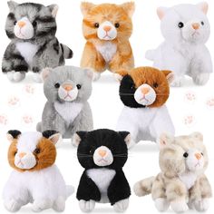 the stuffed animals are all different colors and sizes, but one is white or brown