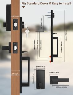 an image of the door handle and latch on a wooden post with measurements to fit standard doors & easy to install