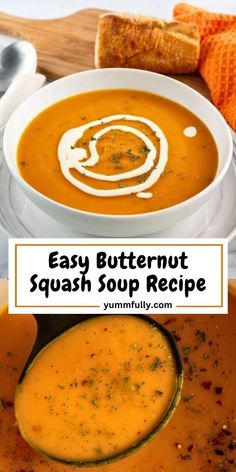 a bowl of butternut squash soup with a spoon in it and the title overlay reads easy butternut squash soup recipe