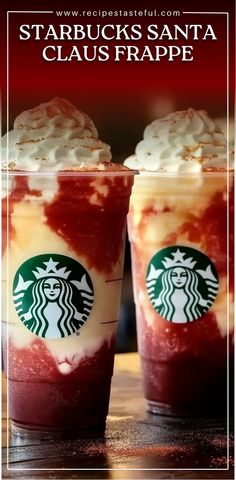 two starbucks drinks with whipped cream on top and the words starbucks santa claus frappe