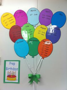 a bunch of balloons that are on the wall with some writing on them and a green bow