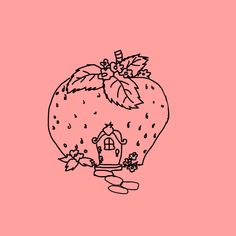 a drawing of a strawberry with a house on it