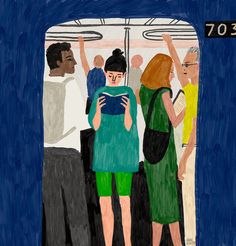 a drawing of people standing on a subway train looking at something in the distance with their hands up