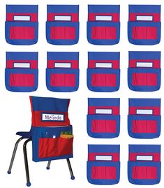 there is a chair with many pockets on it and eight chairs in the same row