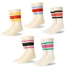 PRICES MAY VARY. 【Womens Athletic Socks】--Package included 4pairs of different each color striped crew socks.Machine wash, cold water wash, air / tumble dry, no ironing. Women athletic socks are perfect for everyday wear or most outdoor sports activities. 【Retro Women Striped Socks】--80s retro trend set off in recent years,most of bloggers like to wear 80s striped socks with fashion clothes/shoes.Striped crews socks with a retro design, it goes well with any clothes for exercise or daily use. Re 80s Socks, Socks Package, Mid Calf Socks, Yarn Making, Sports Attire, Socks Packaging, Socks Cotton, Sporty Casual, Socks For Women