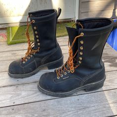 Slightly Used (For About 2 Weeks)- Mens Sz 8.5 My Stepdad Tried Them And Didn’t Like Them So I’m Trying To Help Him Get Rid Of Them:( “Lineman” - Dri-Line Style Will Clean Upon Shipping Original Price Paid: $415 Round Toe Work Boots With Leather Sole For Outdoor, Outdoor Work Boots With Rubber Toe Cap, Snip Toe Leather Sole Work Boots For Outdoor, Outdoor Work Boots With Leather Sole And Snip Toe, Lumberjack Boots, Worker Boots, Work Boot, Boots Shoes, Boots Black