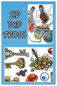 two different stickers with the words 3d dnd props on them, and an image of