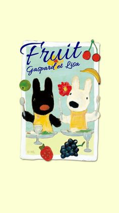 a book with an image of two rabbits eating fruit