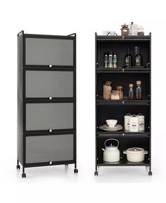 two shelves with different items on them and one is black, the other has gray