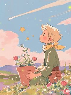 a painting of a boy sitting on the ground holding a box with flowers in it