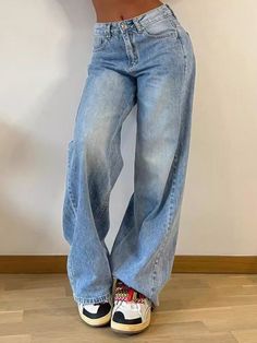 Loose Wide Leg Split-Joint Jean Pants Bottoms BLUE-S Jeans Women High Waist, High Waisted Baggy Jeans, Vintage Jeans Style, Jean Large, Moda Jeans, Denim Patterns, Pants Fit, Jeans Casual, Loose Jeans