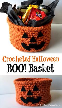 crocheted halloween basket with pumpkins and candy in it