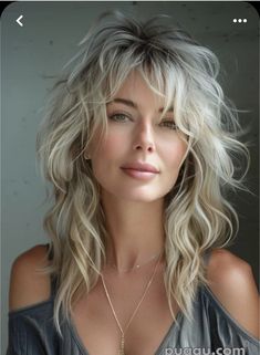 Shag Grey Hairstyles, Grey Curly Shag Hairstyles, Medium Shag For Curly Hair, Curly Grey Shag Haircut, 1970 Shag Haircut For Women, Long Layered Silver Hair With Bangs, Wolf Shag Haircut Long, Halfway Hairstyles, Medium Length Hair With Layers Shag