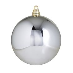 a shiny silver ball ornament on a white background