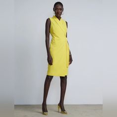 Vibrant And Bold, This Stunning Sheath Dress Is Accented With A Shawl Lapel And Wrap Style. Pair It With Platform Heels And Statement Jewelry To Create That Effortlessly Chic Office Look. Shawl Lapel Sleeveless Knot Detail On The Side Wrap Style Fitted Sleeveless Dress For Summer Workwear, Bodycon Sleeveless Dress For Summer Workwear, Spring Office Sleeveless Dress, Summer Bodycon Sleeveless Dress For Work, Summer Sleeveless Dress For Office, Summer Sheath Sleeveless Dress For Work, Bodycon Sleeveless Workwear Dress, Summer Sheath Sleeveless Dress For Office, Sheath Sleeveless Dress For Office In Summer