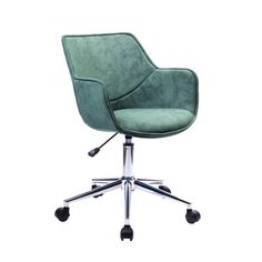 a green office chair with wheels and casteors on an isolated white background, side view