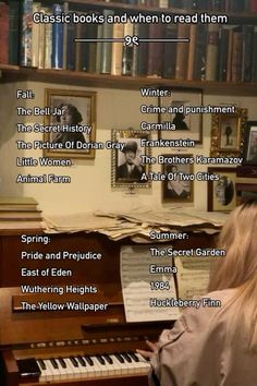 a woman sitting at a piano in front of a bookshelf filled with books