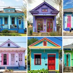 four different colored houses are shown in this collage