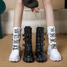 Category:Boots; Upper Materials:PU Leather; Season:Fall,Winter; Heel Type:Block Heel; Gender:Women's; Toe Shape:Round Toe; Type:Mid Calf Boots; Style:Casual; Heel Height(inch):3-4; Outsole Materials:Rubber; Occasion:Daily; Closure Type:Lace-up; Pattern:Solid Colored; Listing Date:10/18/2022; Production mode:Self-produce; 2024 Trends:Combat Boots,Plus Size; Foot Length:; Foot Width:; Size chart date source:Provided by Supplier.; US Size:null; UK Size:14.5; EU Size:50 Goth Boots Women, Platform Shoes Sneakers, Platform Combat Boots, Goth Boots, Platform Boots Chunky, Boots Woman, Women Ankle Boots, Studded Belt, Combat Boot