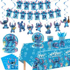 a birthday party set up with blue decorations