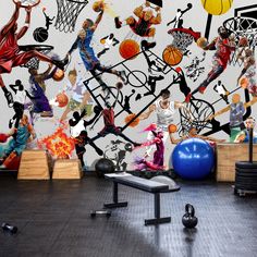 an artistic wallpaper with basketballs and people on it