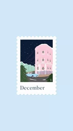 a postage stamp with an image of a pink house and car on the street at night