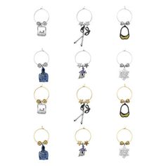 six different key chains with charms attached to them, all in various shapes and sizes