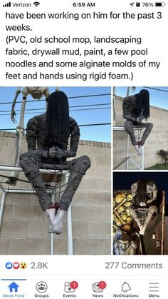 a man sitting on top of a metal ladder next to a wall with pictures of him