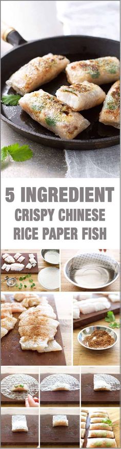 the steps to make crispy chinese rice paper fish are shown in this collage