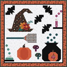 a quilted wall hanging with pumpkins, witches hats and other items on it