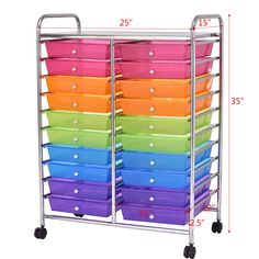 multicolored plastic storage bins with wheels