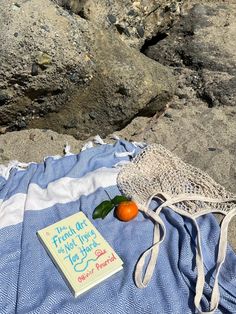 an orange sitting on top of a blue towel next to a book with writing on it