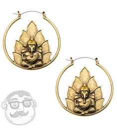 two gold earrings with an image of buddha on the front and back of each ear