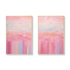 two paintings with pink and blue paint on them