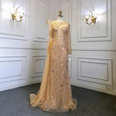 Muslim Gold Overskirt Luxury Evening Dress: 2024 Beaded Mermaid Elegant Gown for Women's Party Beaded Wedding Dress Mermaid, Heavy Beaded Wedding Dress, Muslim Evening Dresses, Custom Bridesmaid Dress, Satin Evening Dresses, Long Sleeve Evening Dresses, Evening Dresses Short, Evening Gowns Elegant, Glamour Dress