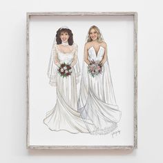 two women in wedding gowns standing next to each other