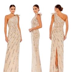 Size 8 Cream/Gold/Silver Column Gown One Shoulder At The Shoulder On The Floral Detail There Is A Small Flaw As Shown In Pictures Mac Duggal Dress, Gown Gold, Mac Duggal Dresses, Military Ball, One Shoulder Gown, Long Sleeve Gown, Column Gown, Floor Length Gown, Mac Duggal