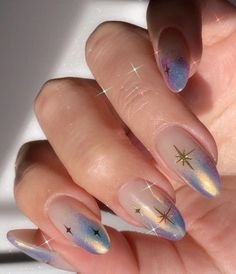 Christmas Nails Iridescent Star Nails, Astrology Themed Nails, Holo Nail Art, Starry Nail Designs, Solstice Nails, Astronomy Nails, Irridecent Design Nails, Dreamy Nail Art, Virgo Nails Acrylic