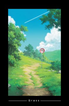 an anime scene with a dirt path leading to a stop sign on the side of a hill