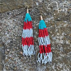 THE FUNKY SUNFLOWER | Jewelry | Fringed Beaded Earrings | Poshmark Red Beaded Earrings With Dangling Beads For Beach, Red Beaded Earrings For Beach, Sunflower Jewelry, White Beads, Fish Hook, Beaded Earrings, Feathers, Sunflower, Red And White