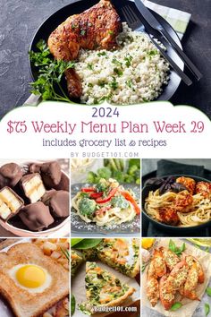 A collage of Budget101's $75 Weekly Menu Plan for Week 29, featuring budget-friendly dishes such as roasted chicken with rice, chocolate banana bites, veggie pasta, meatballs with spaghetti, egg-in-toast, spinach quiche, and stuffed sweet potatoes. Chicken Veggie Pasta, Turkey Zucchini Meatballs, Turkey Zucchini, Zucchini Meatballs, Vegetable Quiche