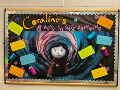 a bulletin board with writing on it that says coraline's webs to save drawing