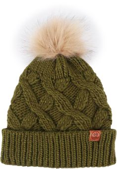 a green hat with a fur pom