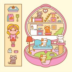 an illustration of a girl with cats in her house and cat toys on the floor