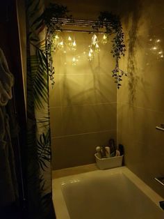 a bath tub sitting next to a shower with lights on the wall and plants hanging over it